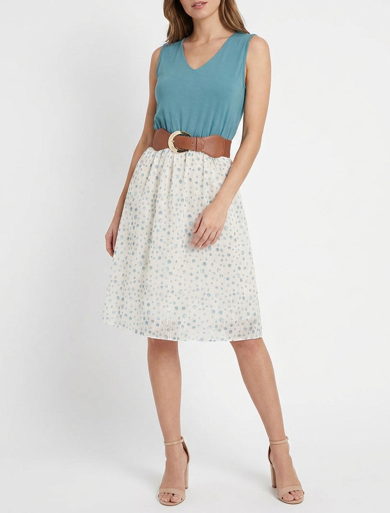 Robe évasée col V pois fantaisies - Bleu clair
