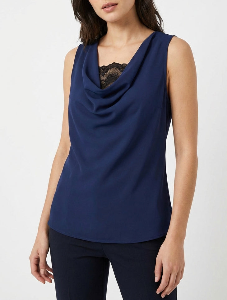 Top satiné à col bénitier dentelle - Marine