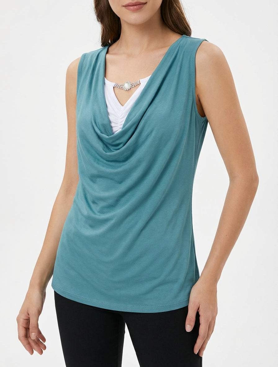 Top sans manches col bénitier à strass - Bleu clair