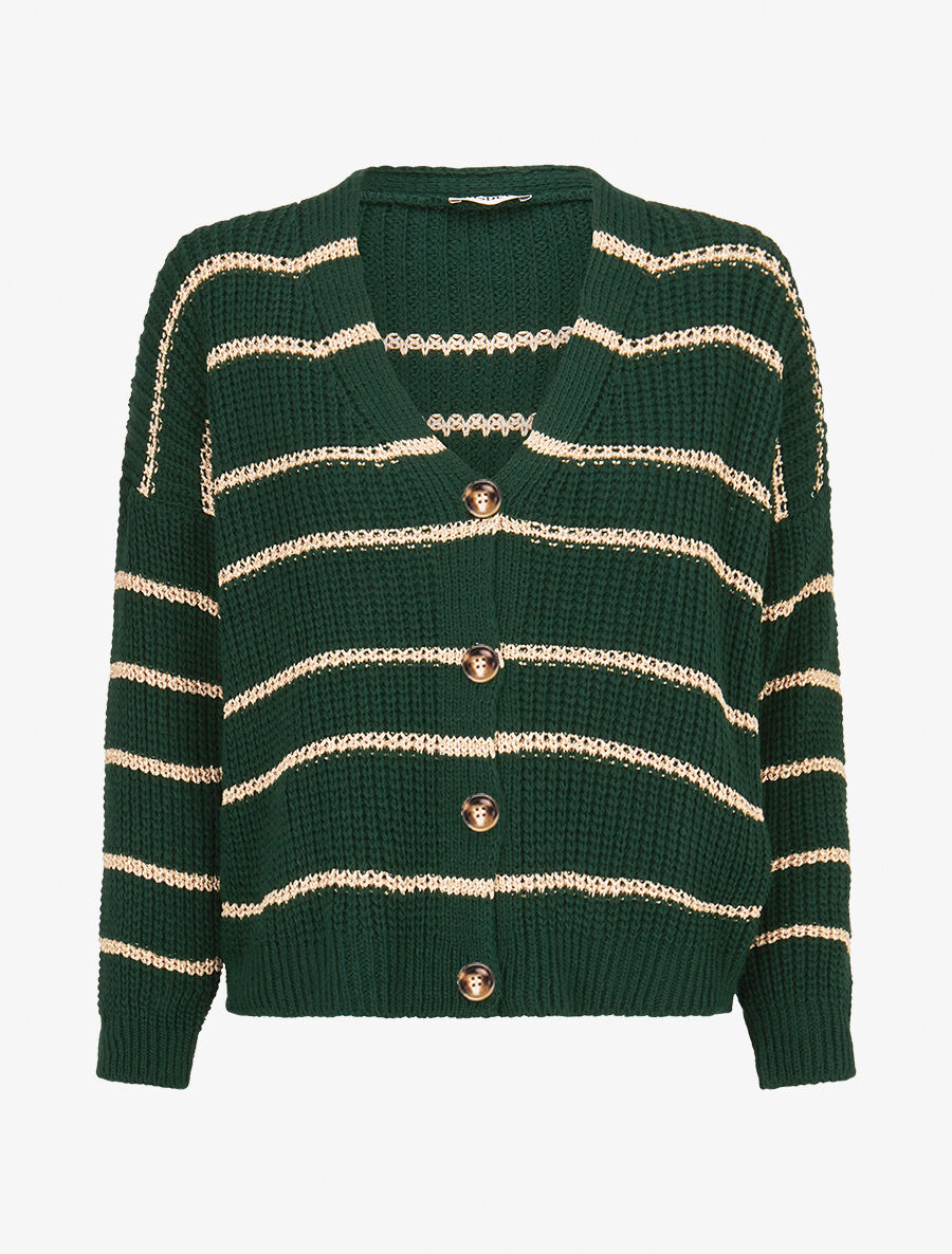 Cardigan col V à rayures lamées - Vert - 1