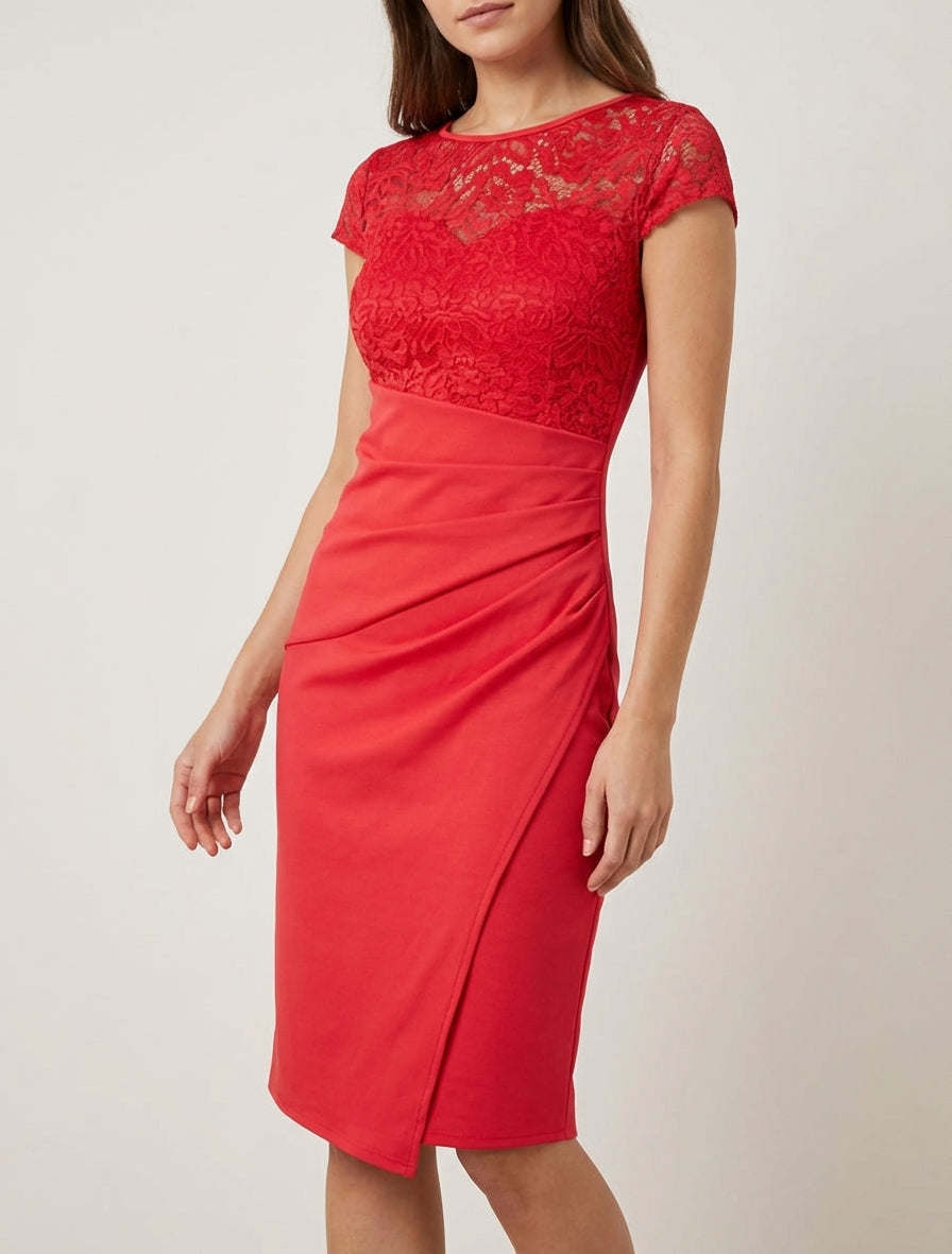 Robe ajustée col rond à dentelle - Rouge