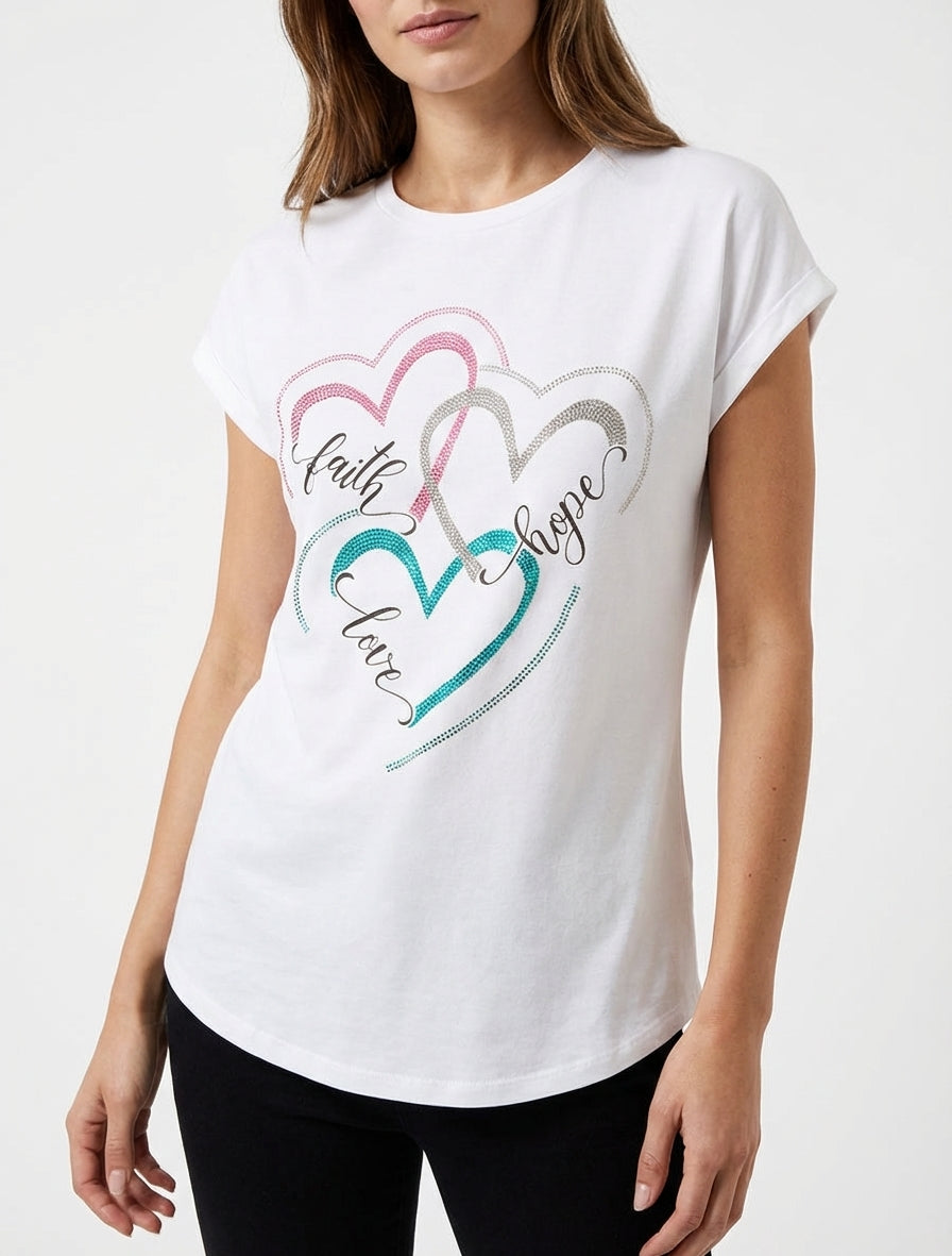 T-shirt à coeurs strassés - Blanc