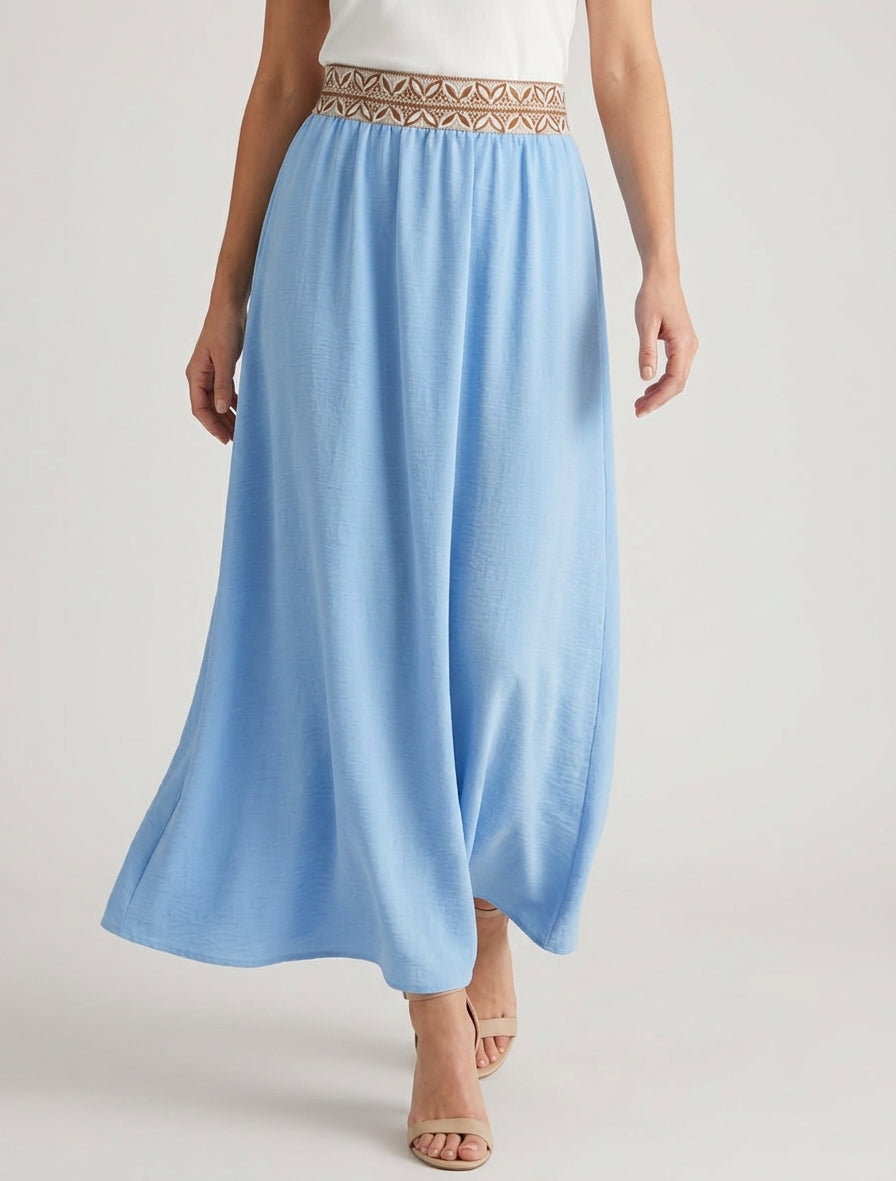 Jupe longue taille haute élastiquée - Bleu ciel
