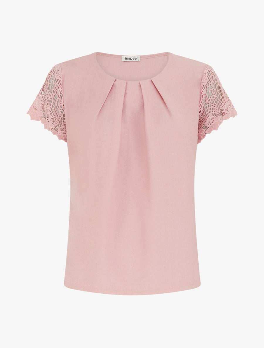 Top droit manches courtes en dentelle - Rose - 1