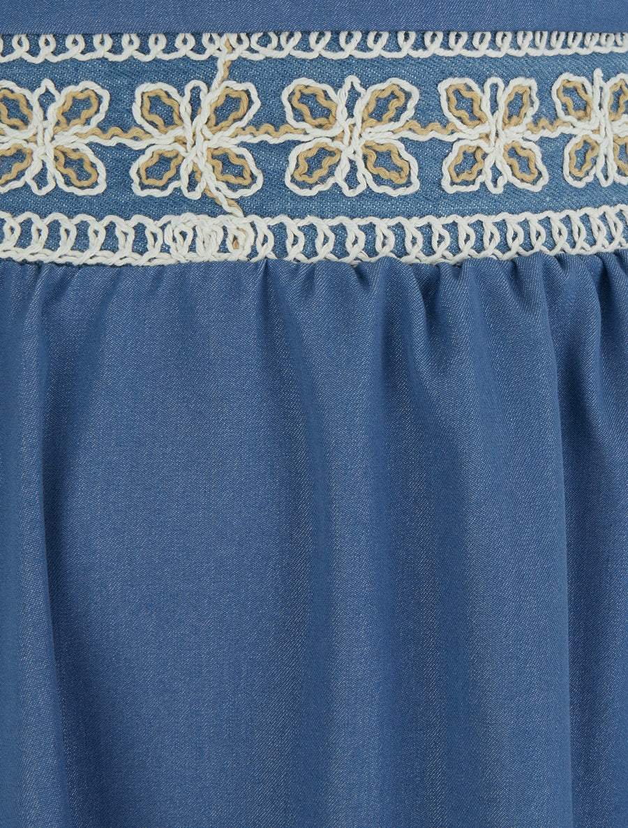 Jupe longue unie à bande brodée - Bleu - 3