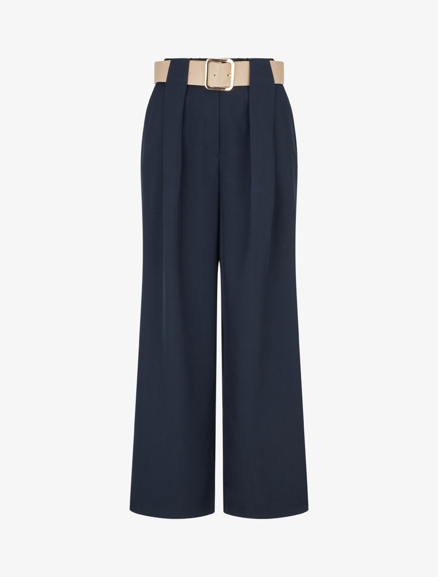 Pantalon uni à passant stylisé - Marine - 1