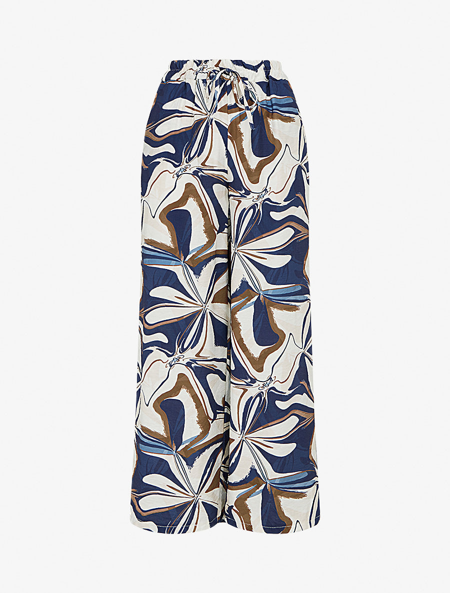 Pantalon imprimé abstrait à taille haute élastiquée - Marine - 1