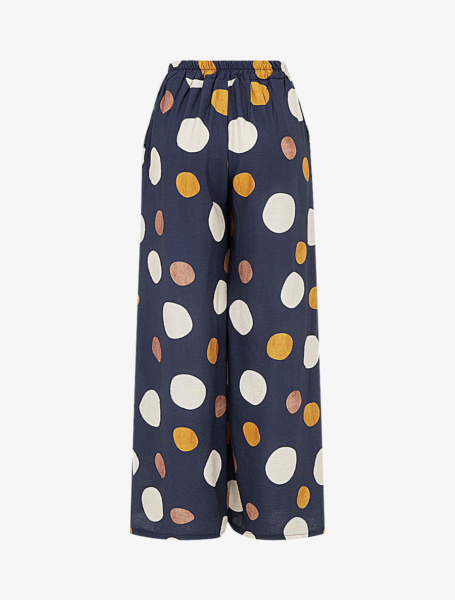 Pantalon imprimé ronds à taille haute élastiquée - Marine - 2