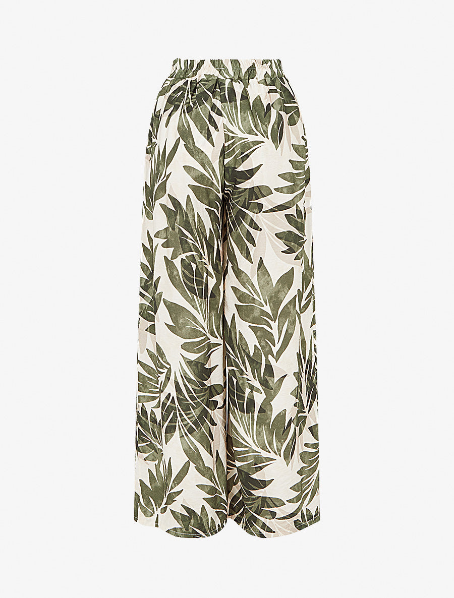 Pantalon imprimé feuillage et à taille haute élastiquée - Kaki - 2
