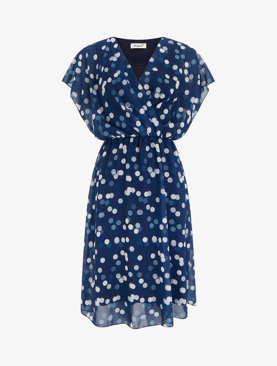 Robe imprimé pois à col cache-coeur - Marine - 1