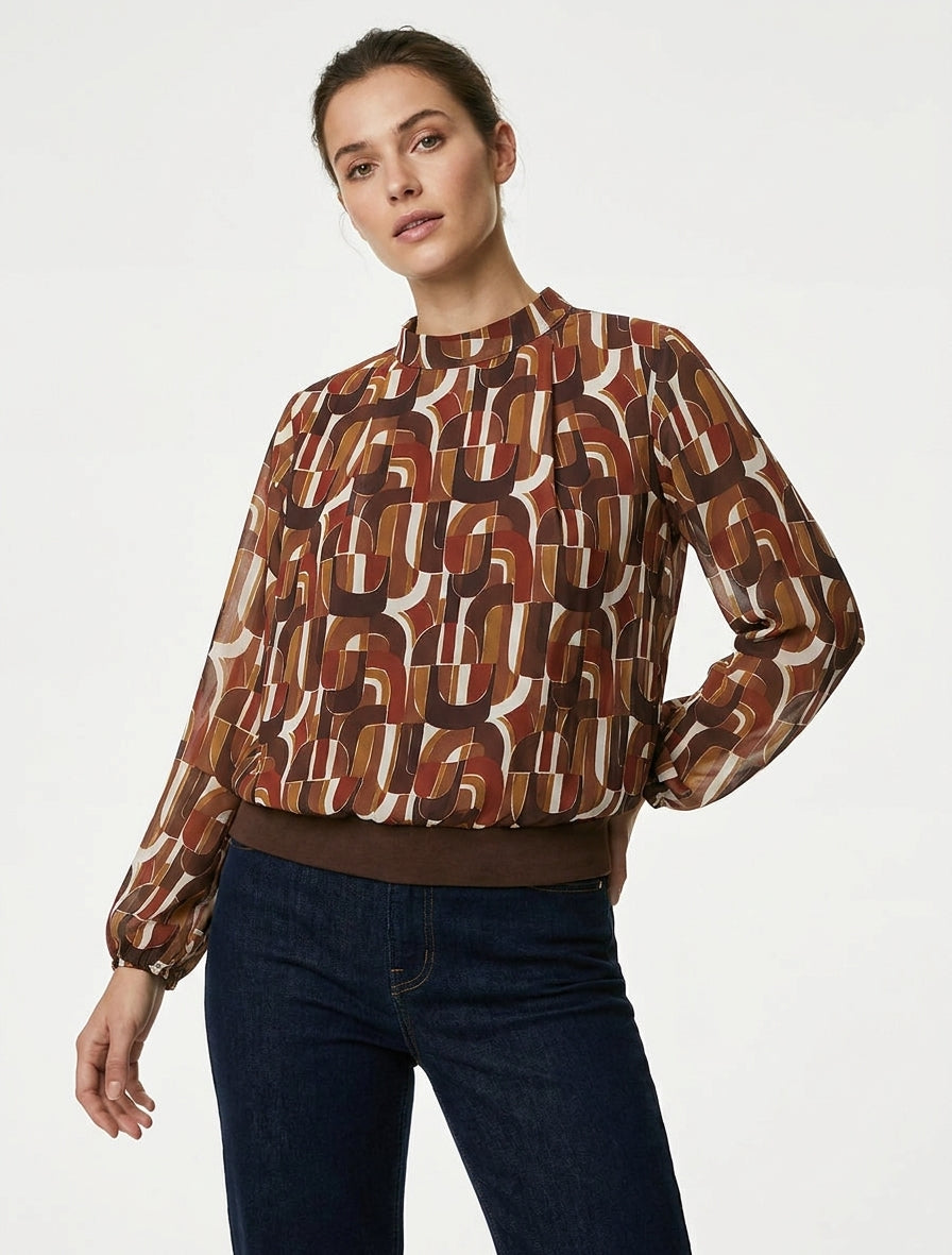 Blouse fluide col montant imprimé rétro - Marron