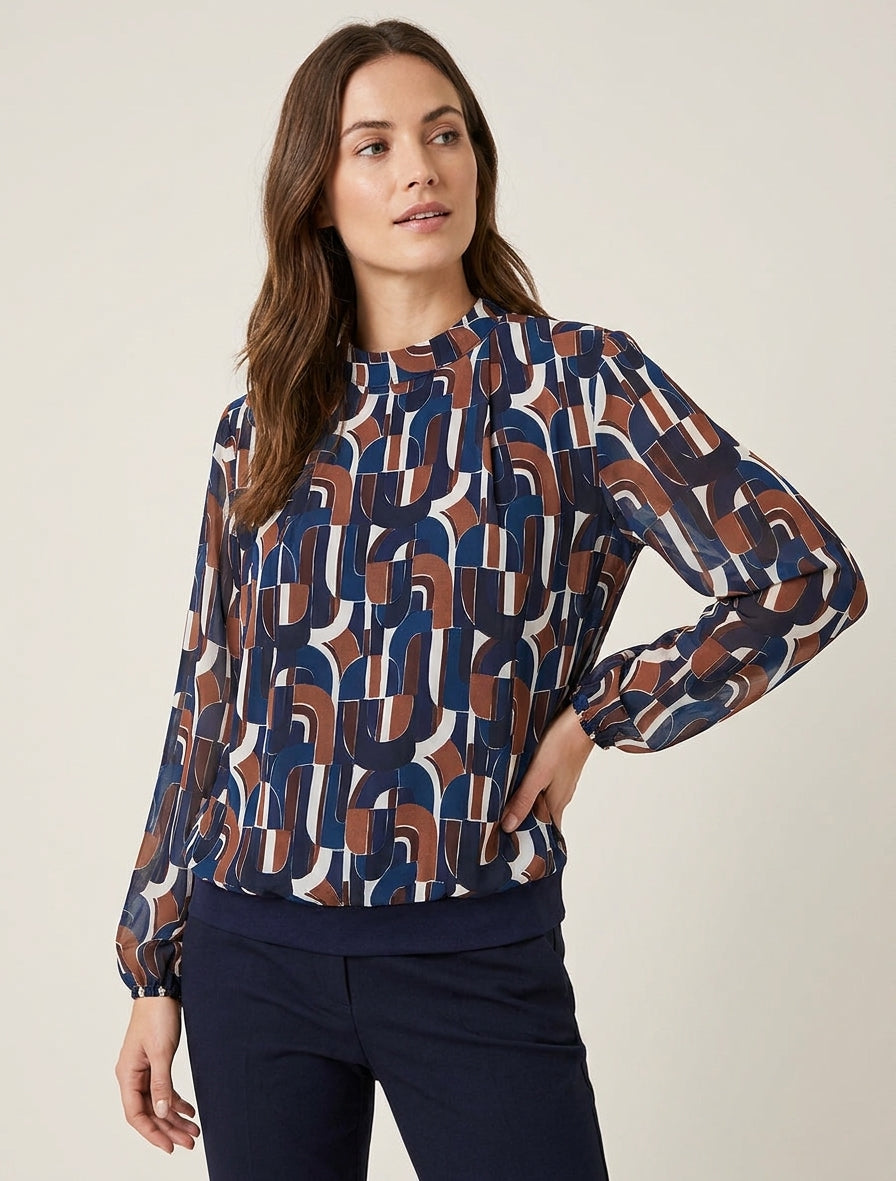 Blouse fluide col montant imprimé - Marine