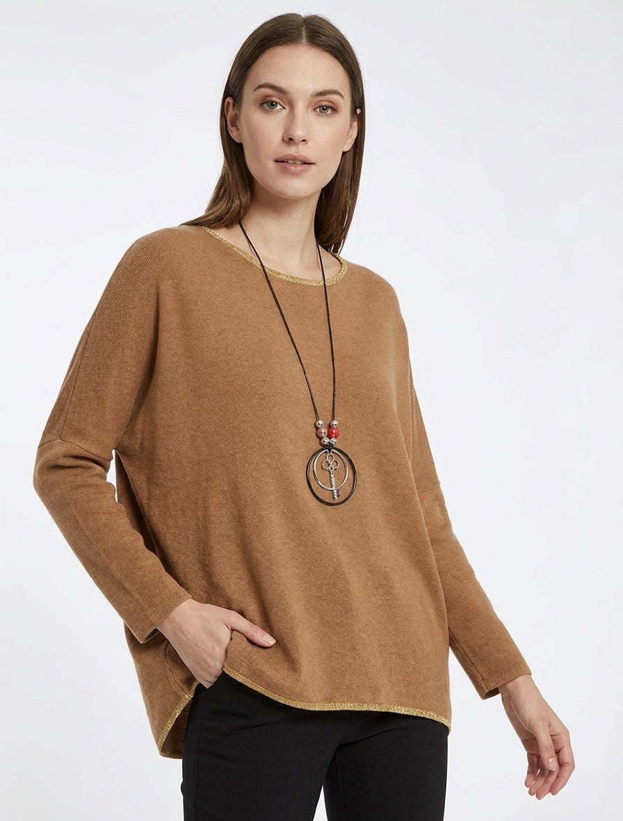 Pull asymétrique manches chauve-souris - Camel