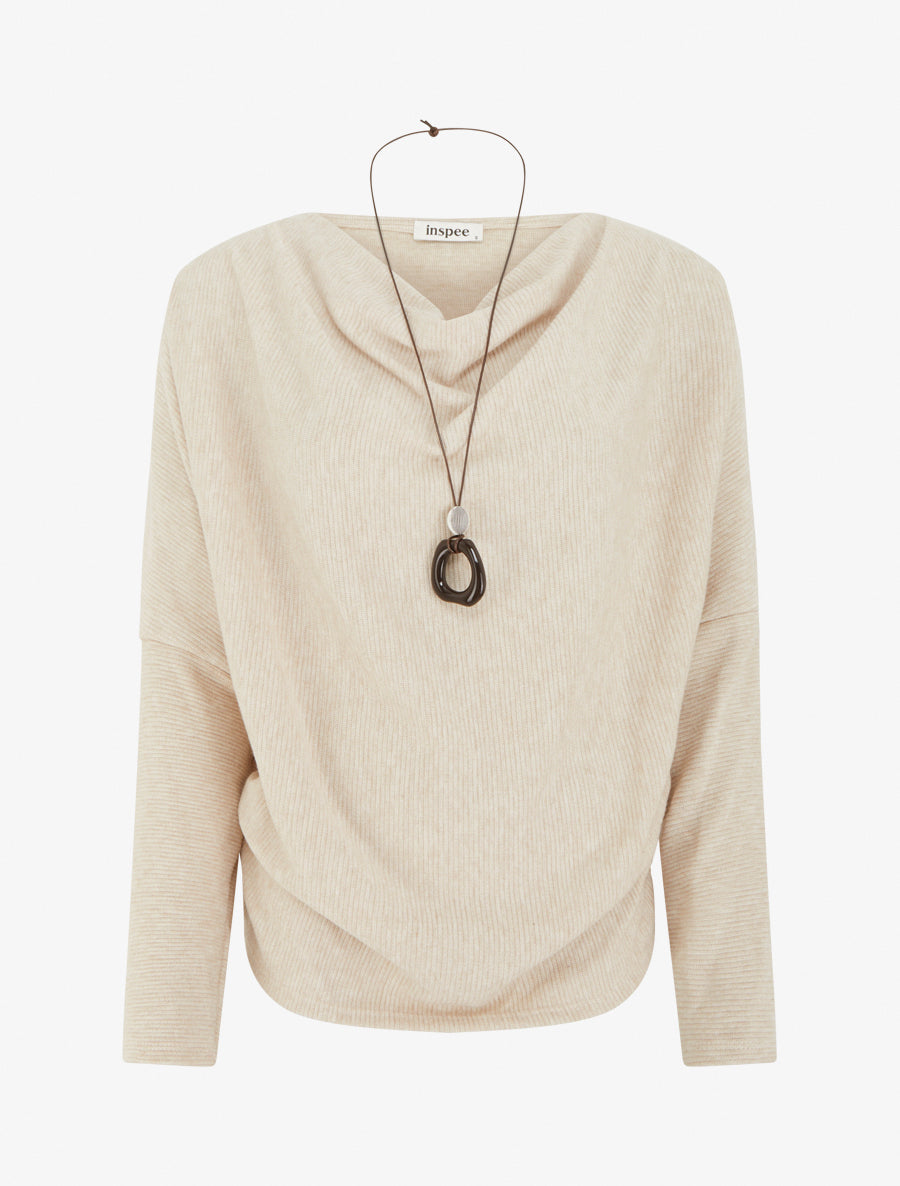Pull côtelé col bénitier et manches chauve-souris - Beige