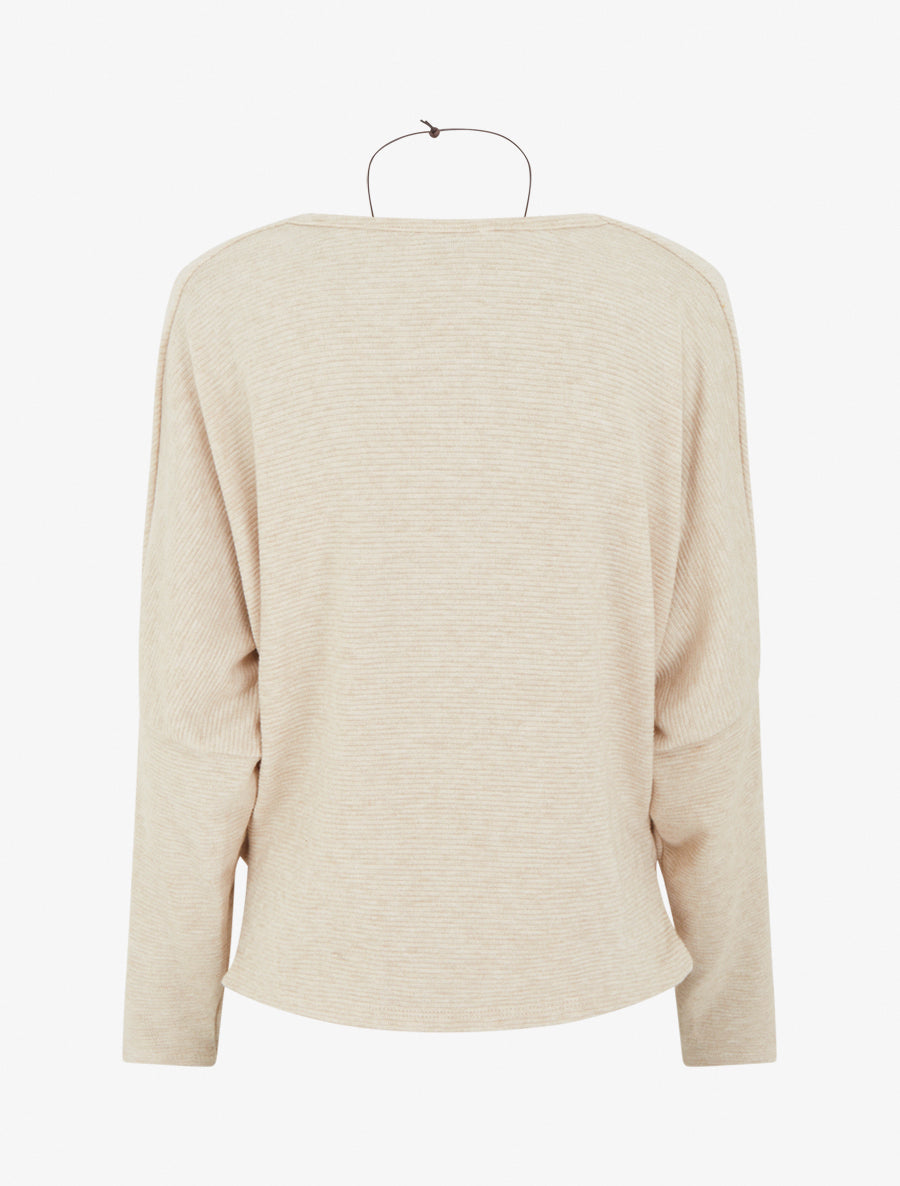 Pull côtelé col bénitier et manches chauve-souris - Beige
