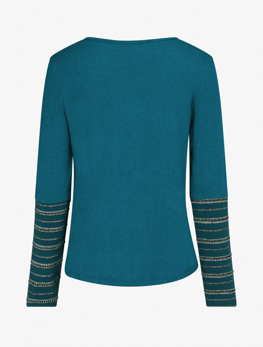 Pull fin à manches rayées - Bleu lagon - 2