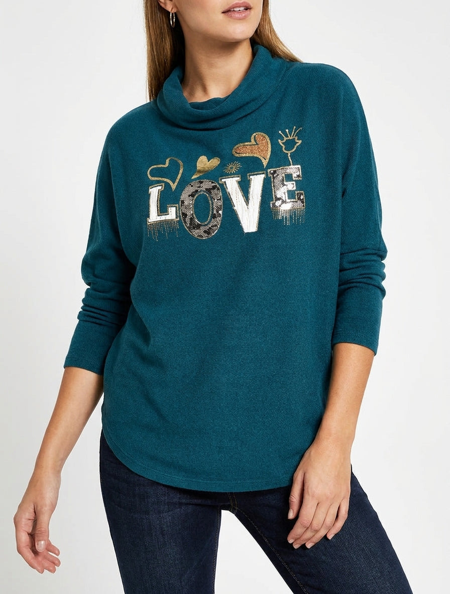 Pull manches chauve-souris LOVE - Bleu canard