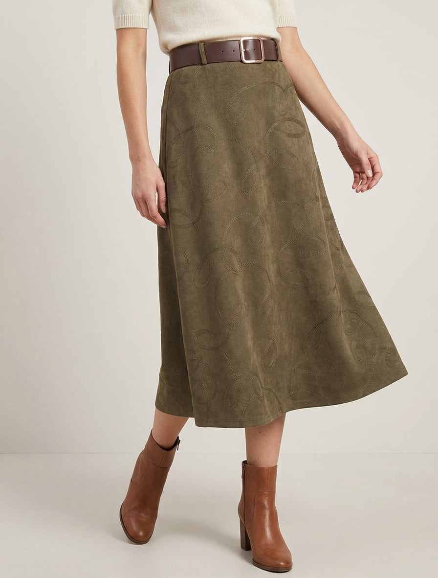 Jupe longue taille haute à ceinture - Kaki