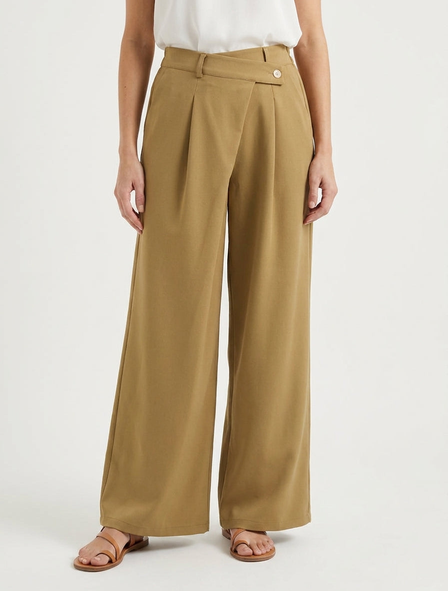 Pantalon droit taille haute à pan - Camel