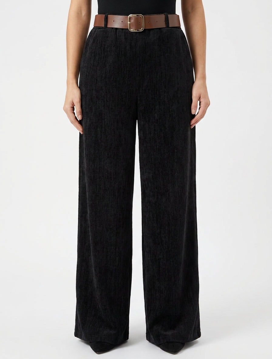 Pantalon velours coupe ample à ceinture - Noir