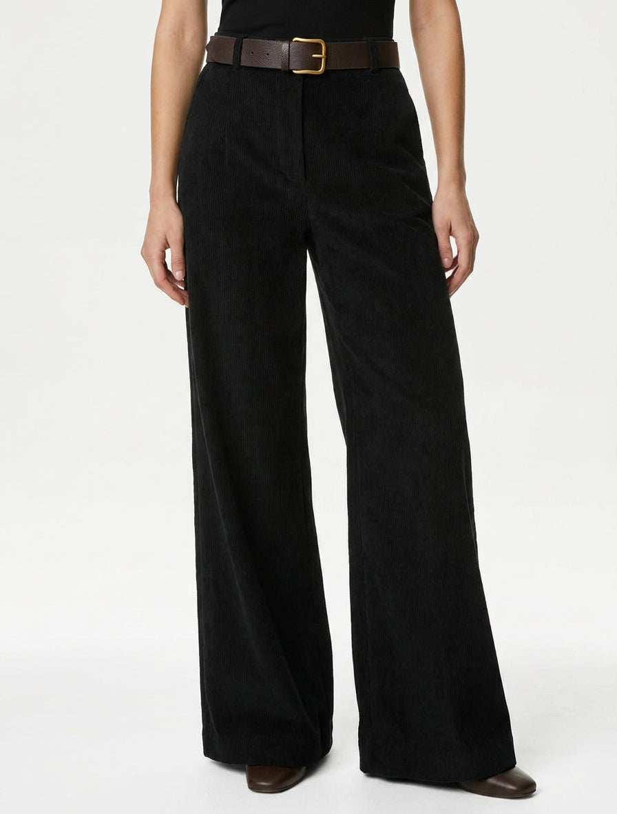 Pantalon côtelé taille haute - Noir