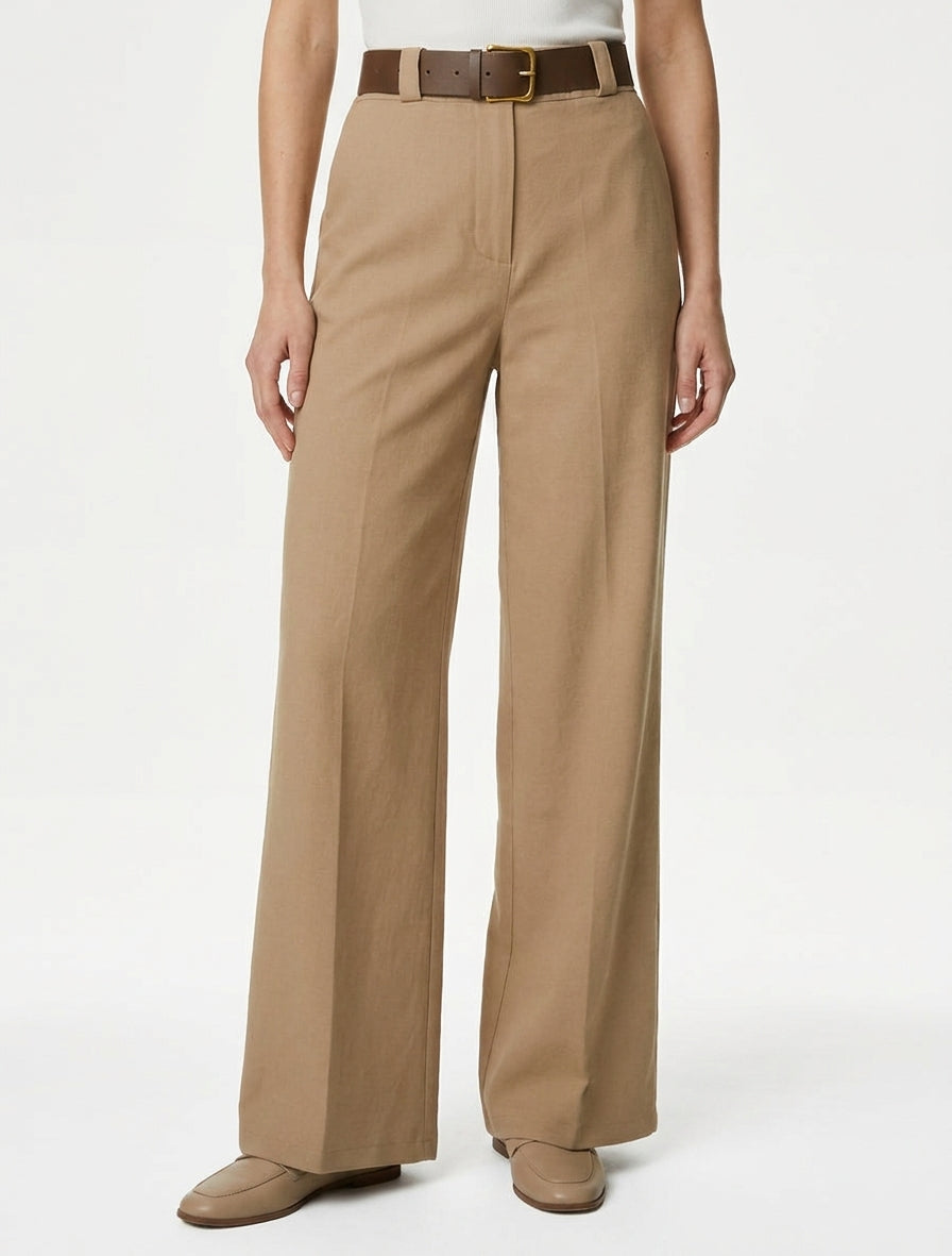 Pantalon ample taille haute - Camel