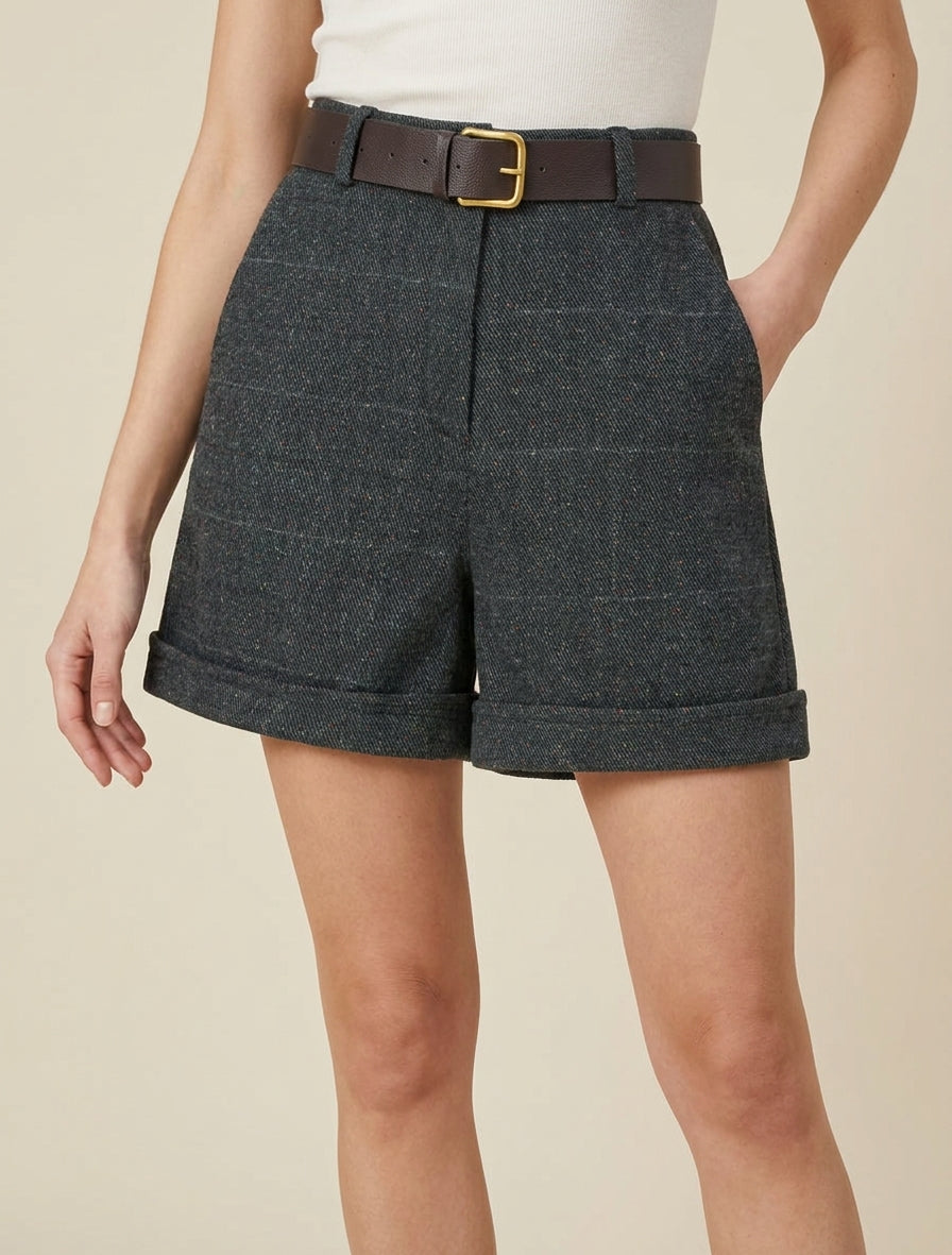 Short droit feutrine à carreaux - Gris foncé