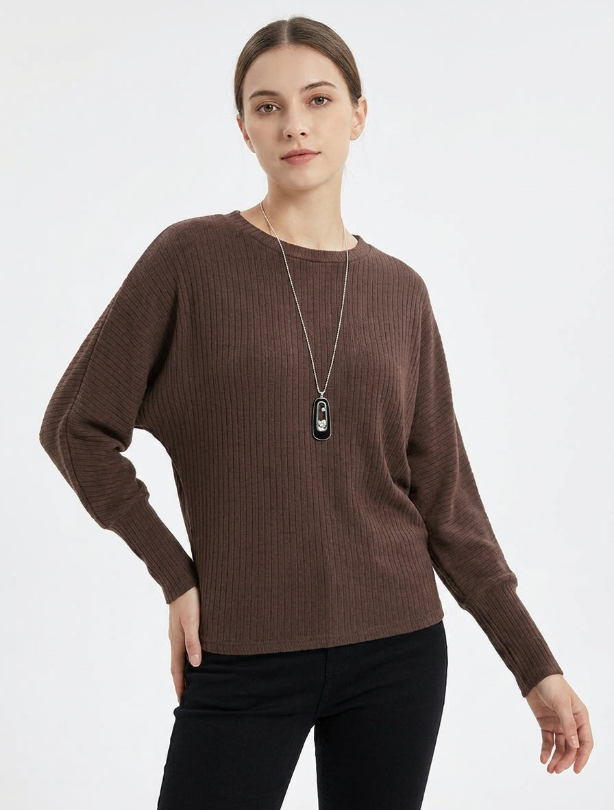 Pull côtelé manches chauve-souris - Marron