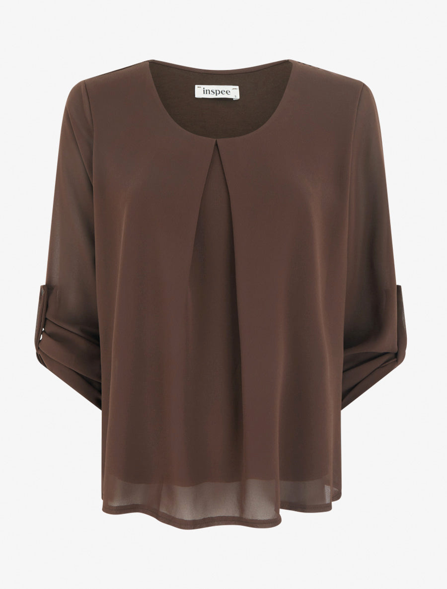 Top uni en voile à manches retroussables - Marron - 1