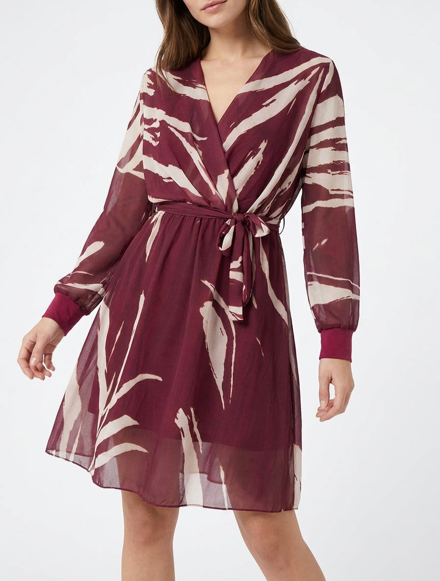 Robe évasée cache-cœur à ceinture - Lie de vin