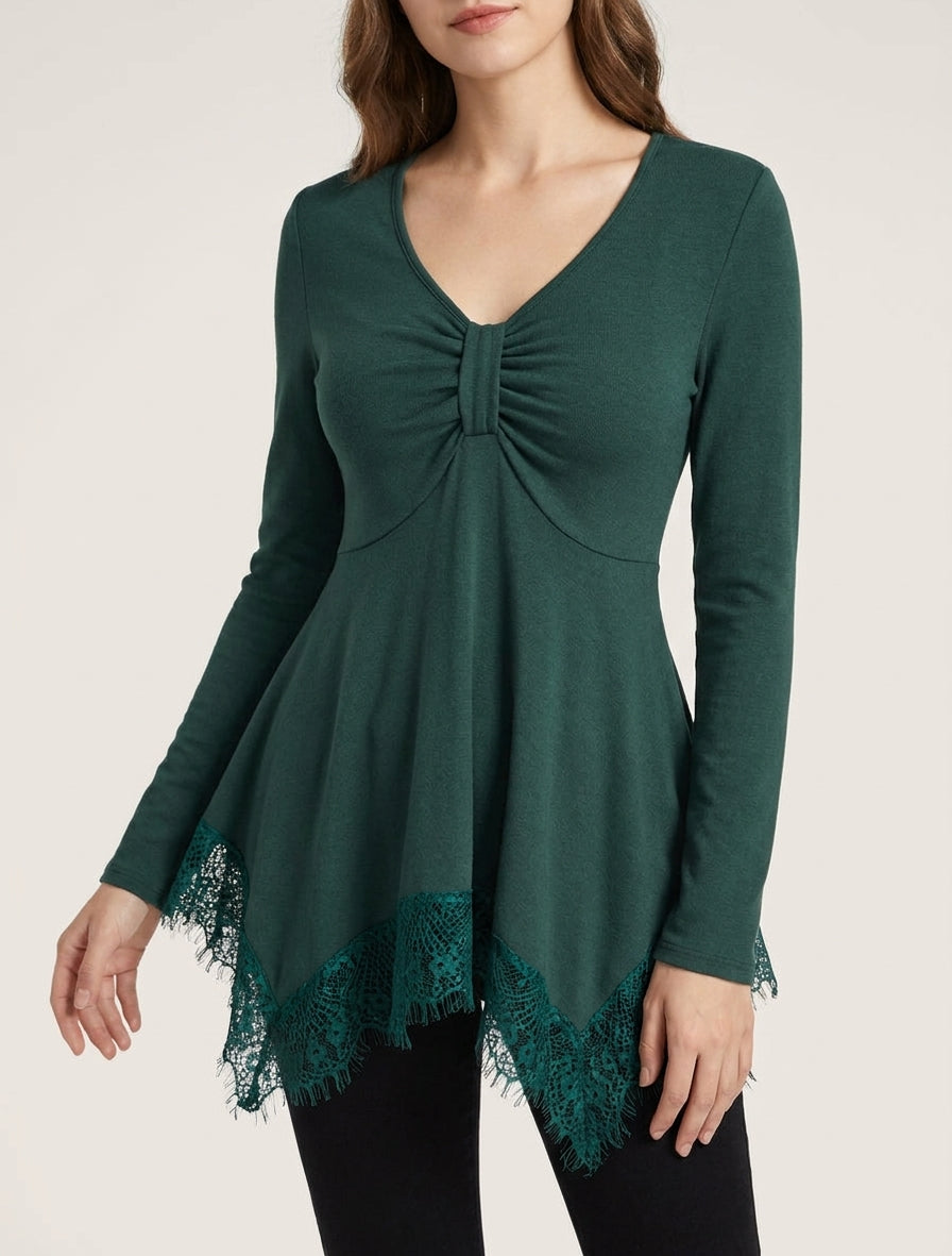 Pull fin col V effet froncé - Vert foncé