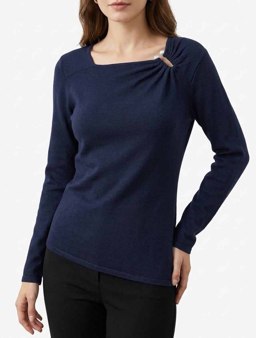 Pull fin à col carré orné de perles - Marine