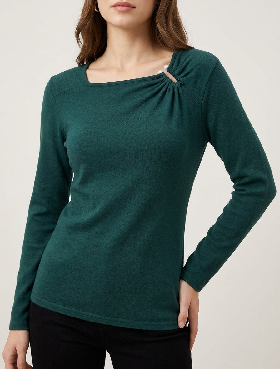 Pull fin col carré à bijou nacré - Vert foncé