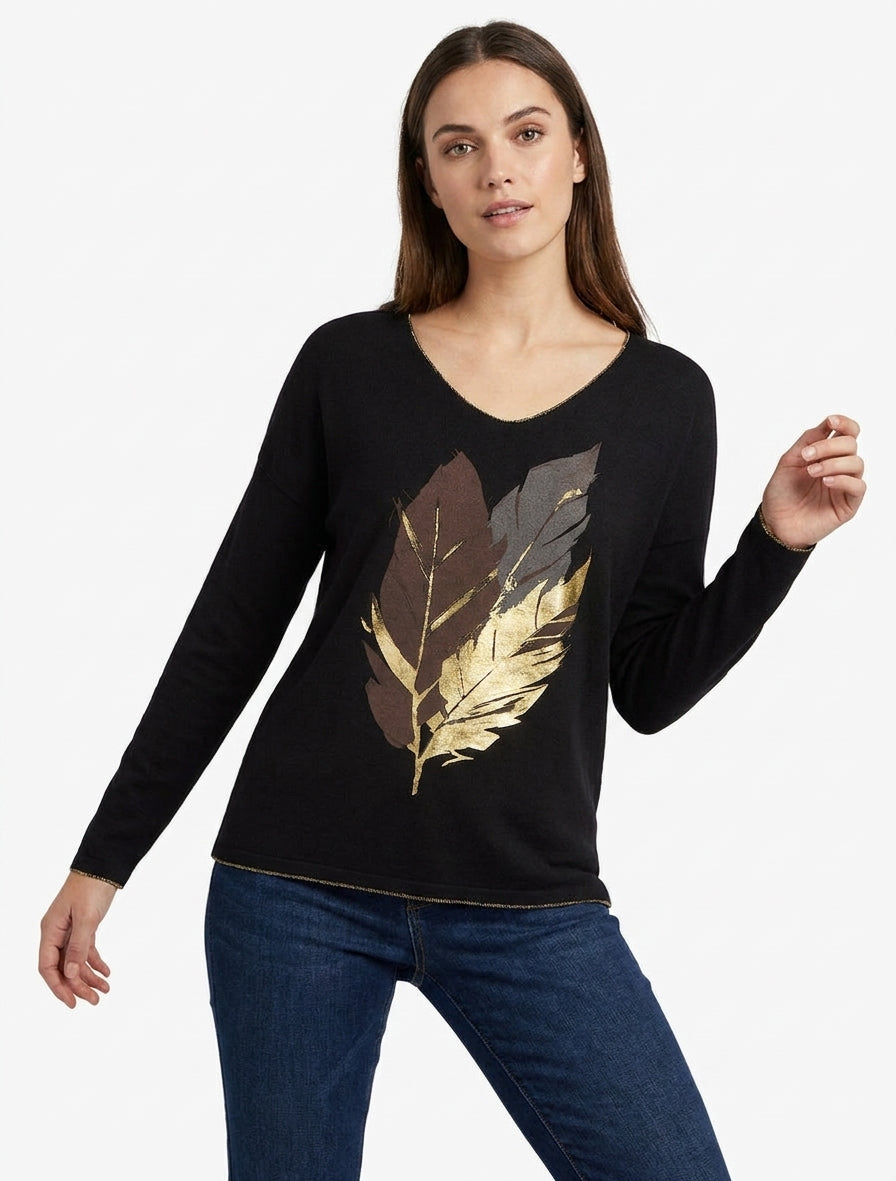 Pull fin col en U à plumes irisées - Noir