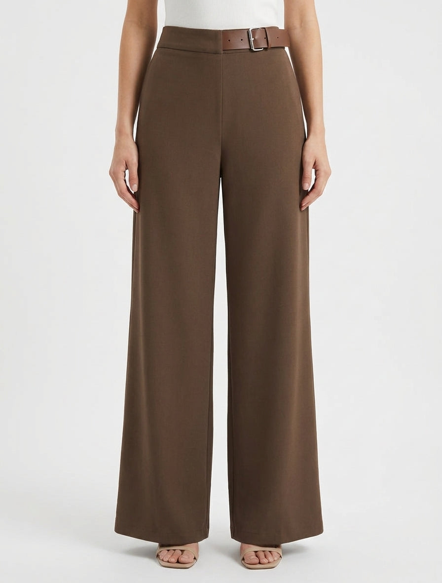Pantalon fluide taille haute à boucle - Marron clair