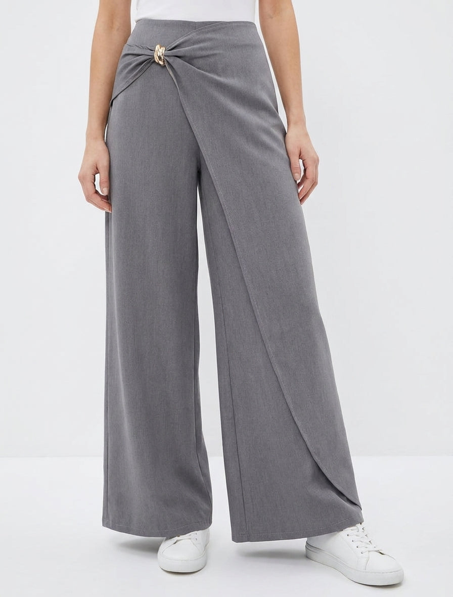 Pantalon fluide taille haute à bijou - Gris