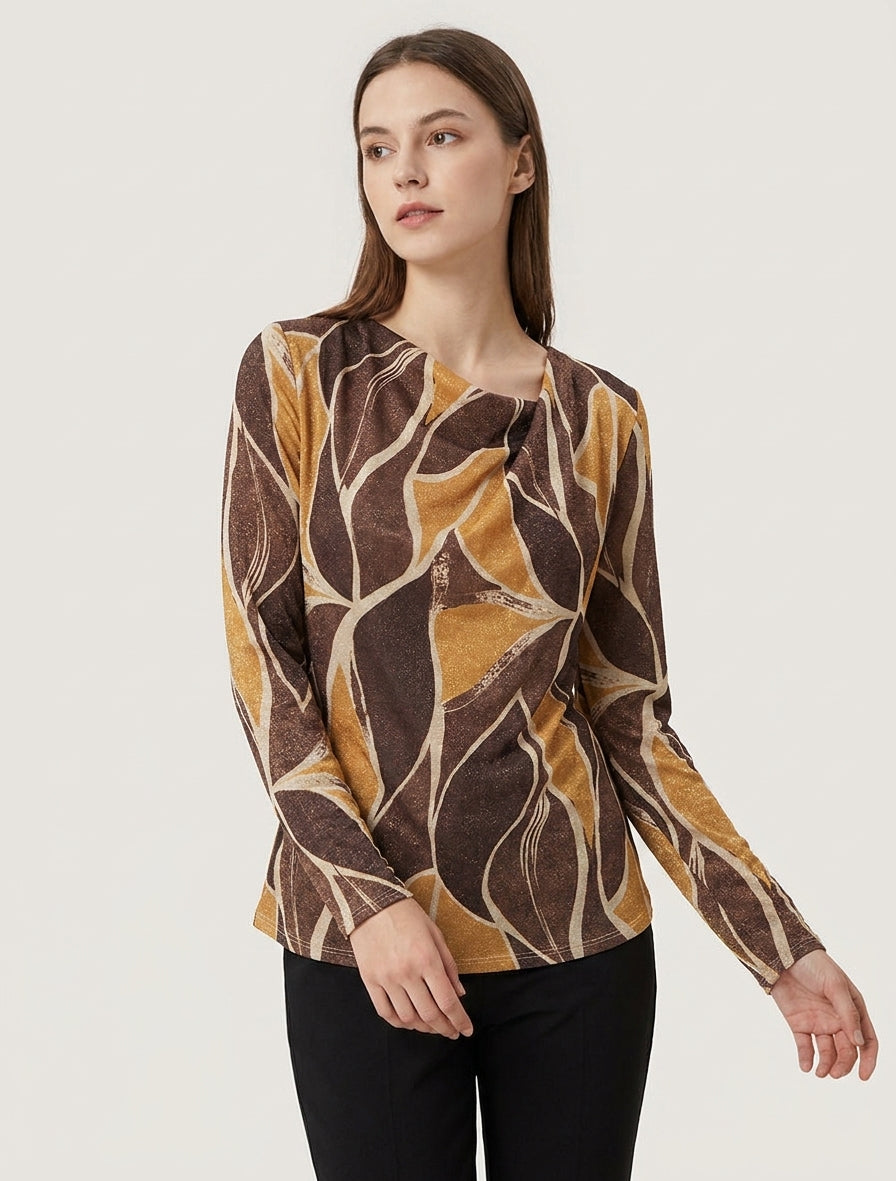 Top irisé col bénitier imprimé feuilles - Marron