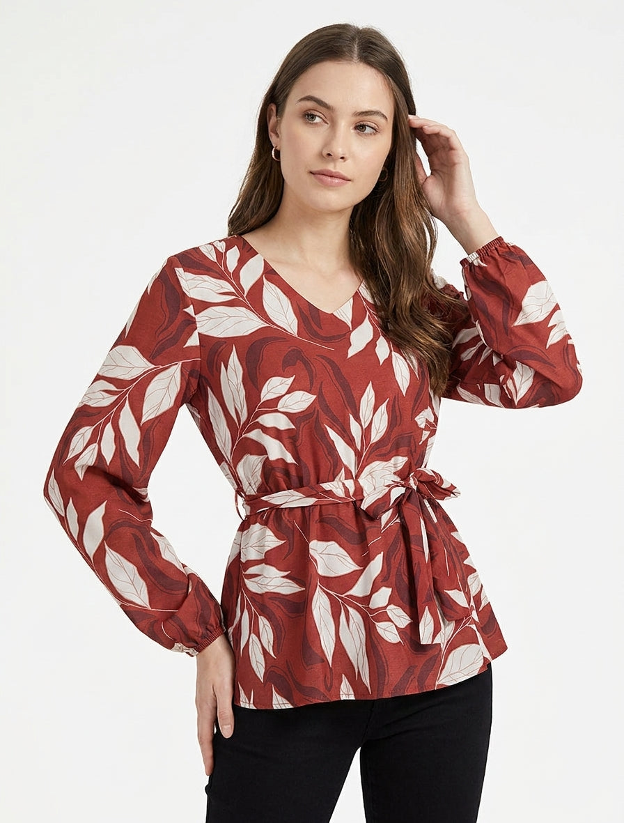 Blouse fluide coupe péplum à imprimé - Rouge