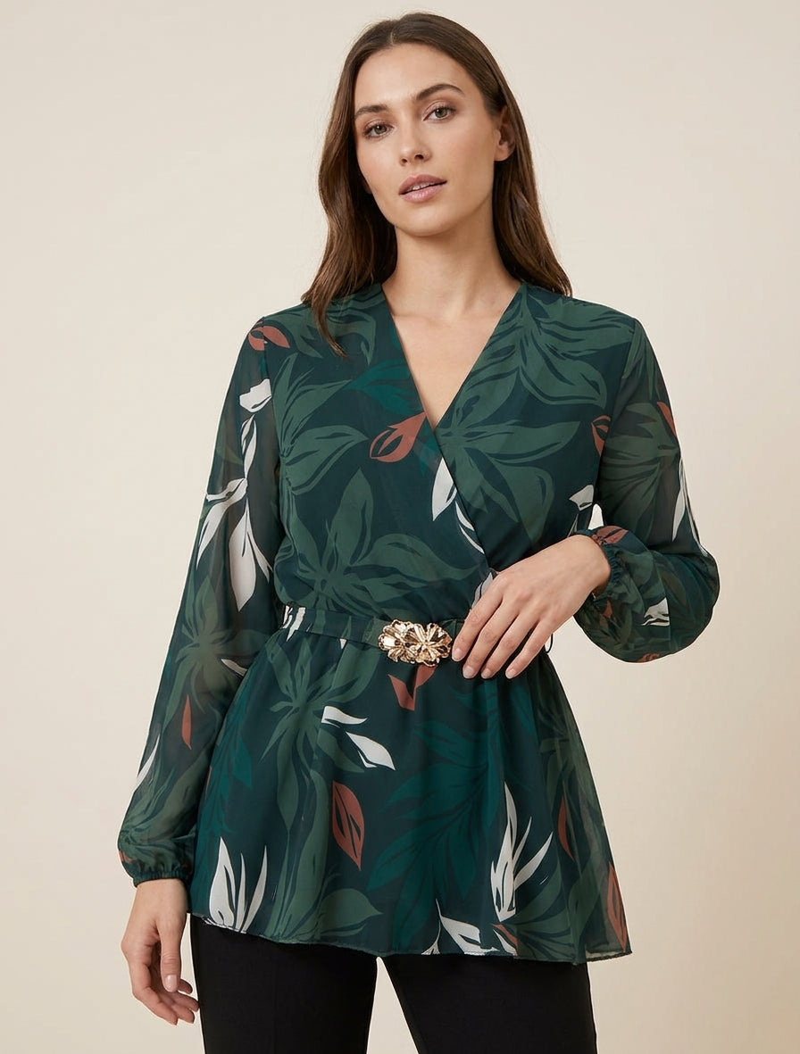 Top péplum cache-cœur à bijou floral - Vert foncé