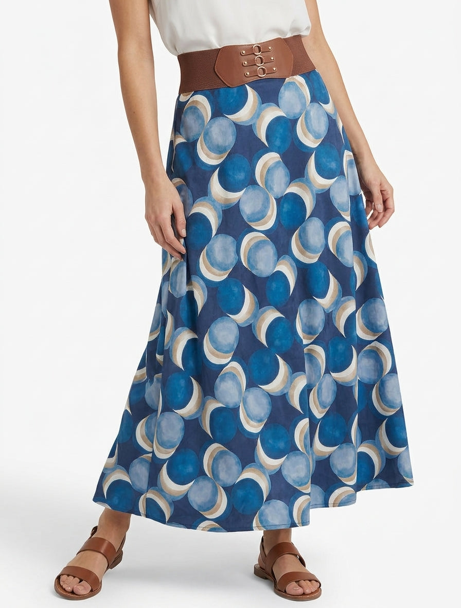 Jupe longue taille haute imprimée - Marine