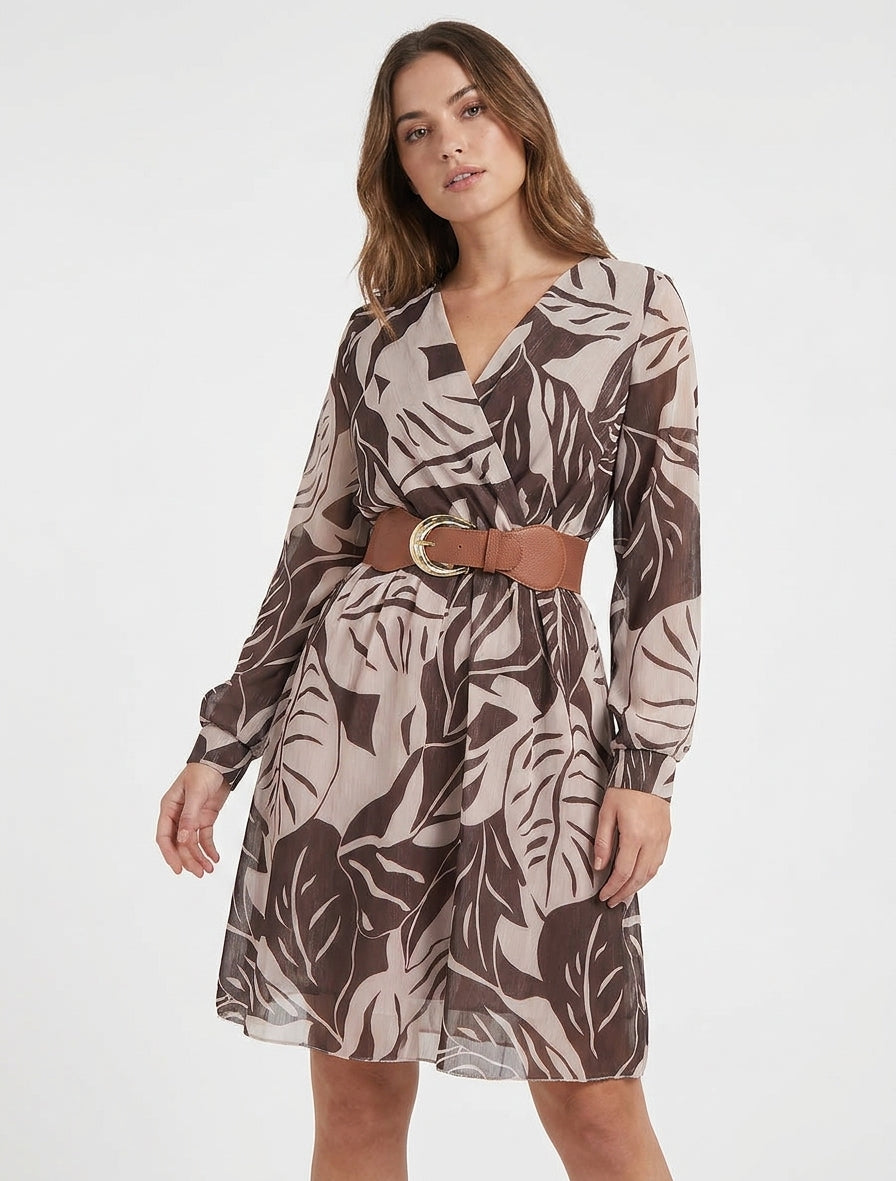 Robe évasée cache-cœur à imprimé - Marron