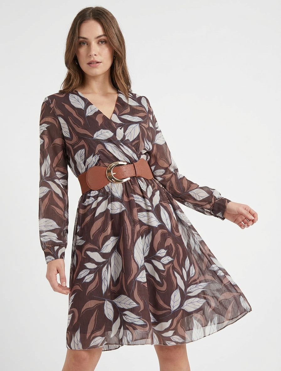 Robe évasée cache-cœur à imprimé - Marron