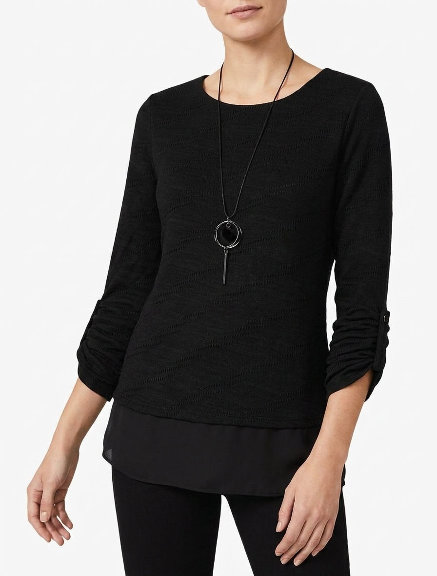 Pull texturé manches retroussables - Noir