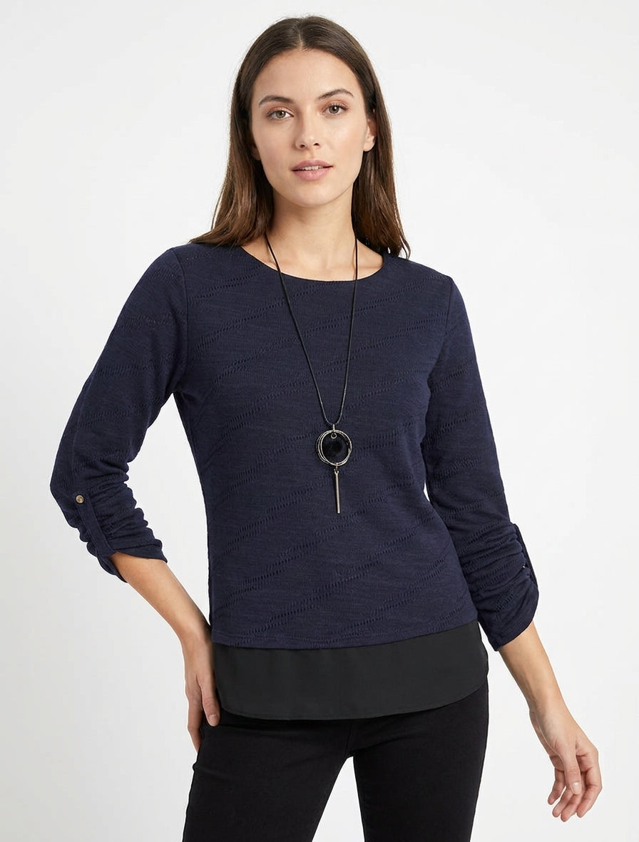 Pull texturé manches retroussables - Marine