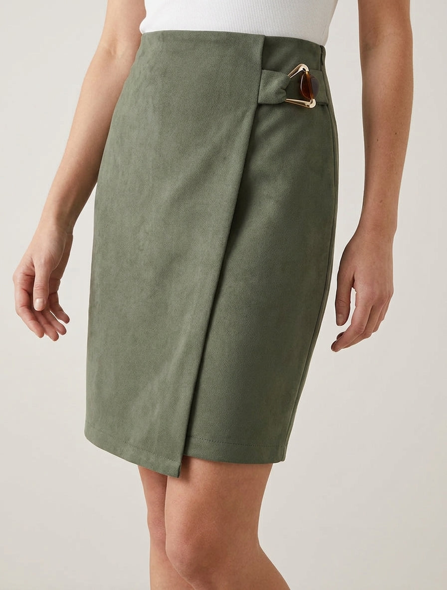 Jupe portefeuille taille haute suédine - Kaki