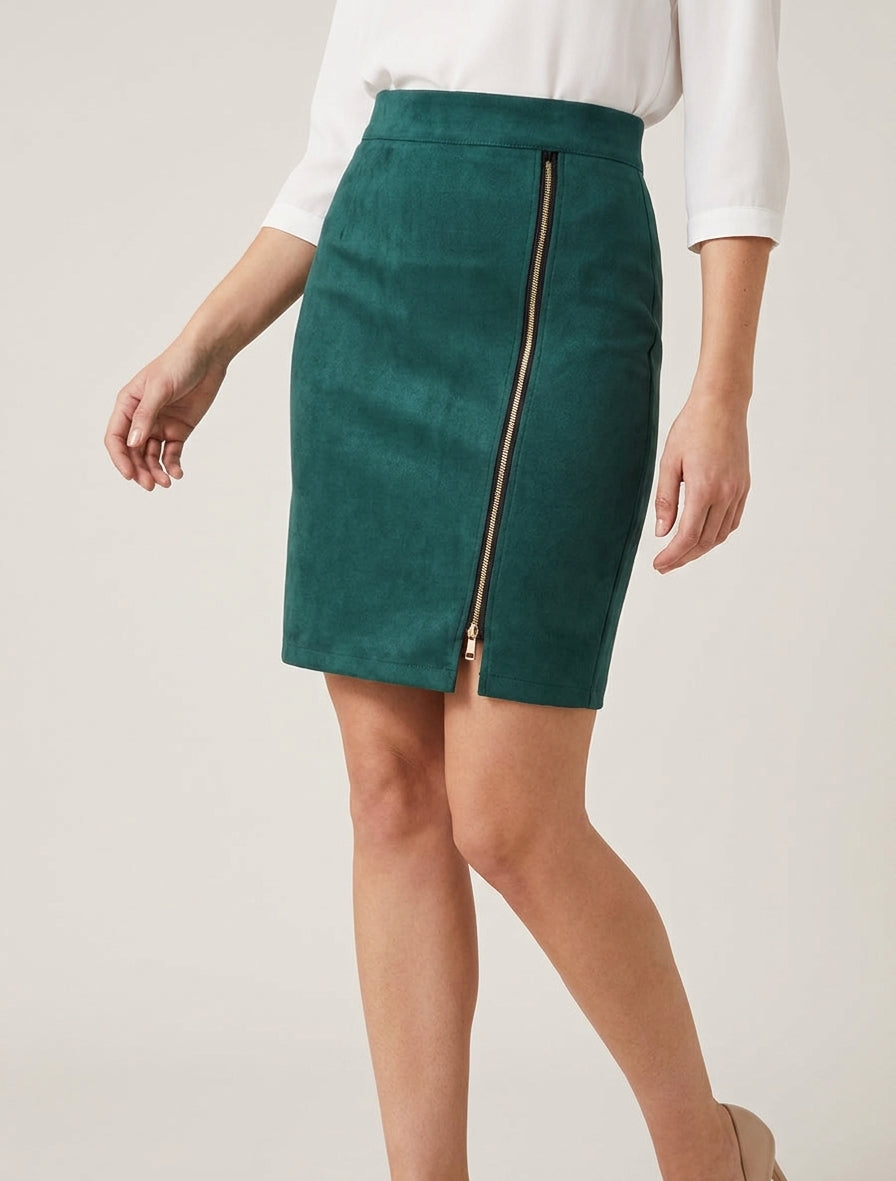 Jupe courte taille haute en suédine - Vert foncé