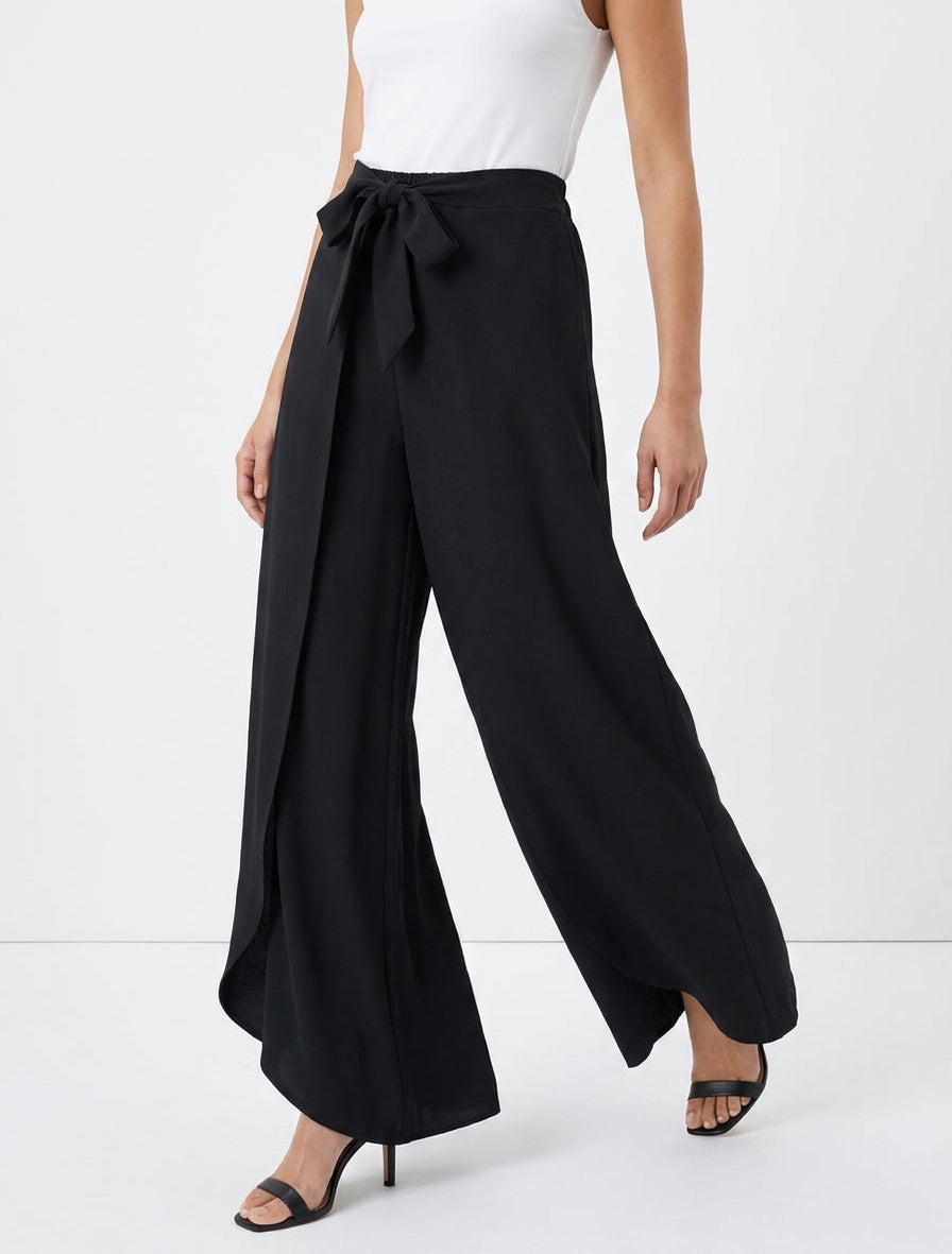 Pantalon fluide à pans croisés taille haute - Noir
