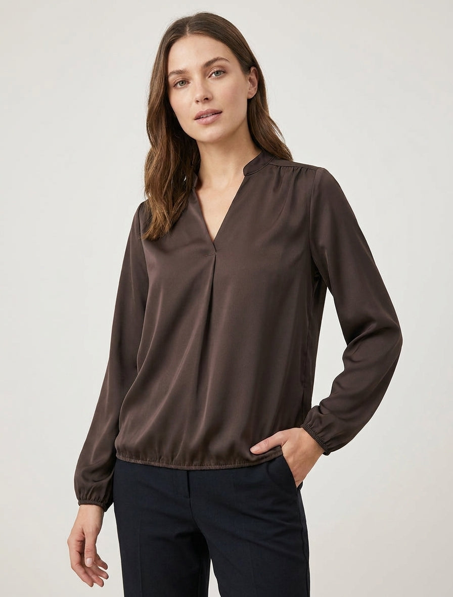 Top boule satiné col V - Marron