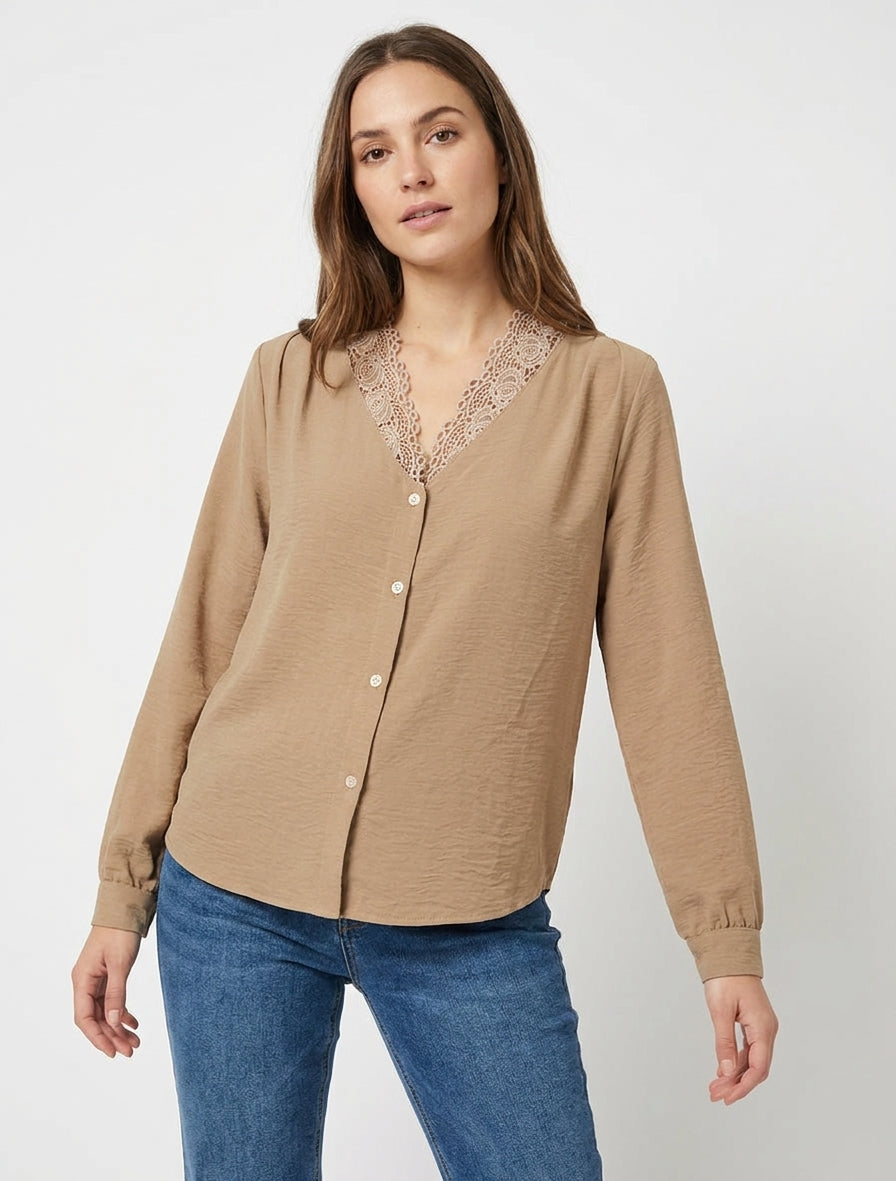 Blouse fluide à dentelle et col V - Beige foncé