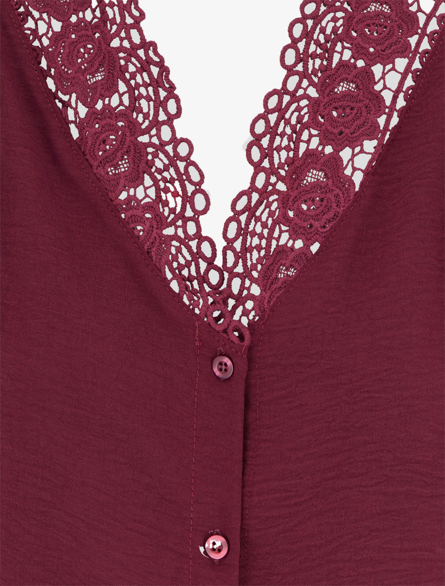 Blouse droite à col V en dentelle - Lie de vin - 3